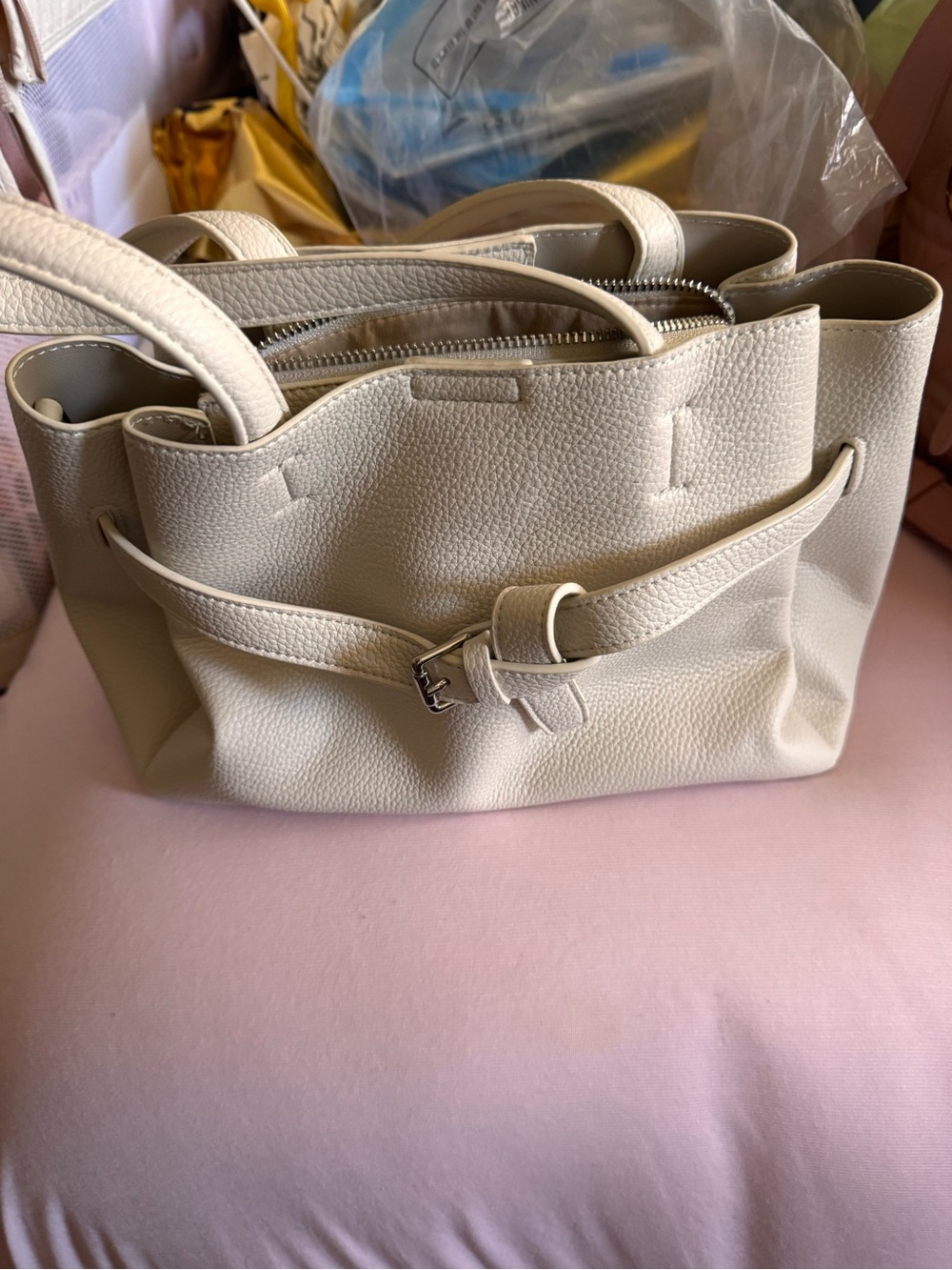 Structured Cream Pebbled Tote with Belt Accent